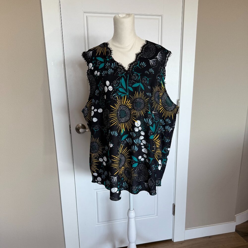 Black, Teal & Gold Design Lace Trimmed V-Neck Blouse - XXL